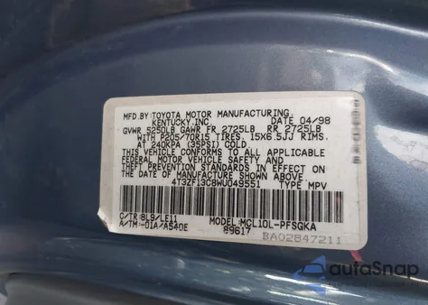 1998 Toyota Sienna Xle from USA, damaged, VIN 4T3ZF13C8WU049551